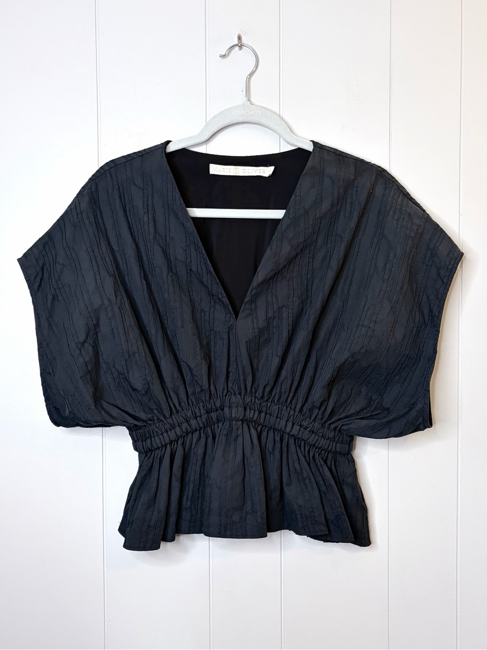 Marie Oliver Vesta Top Black VNeck Gathered Waist Textured Formal Concert XS